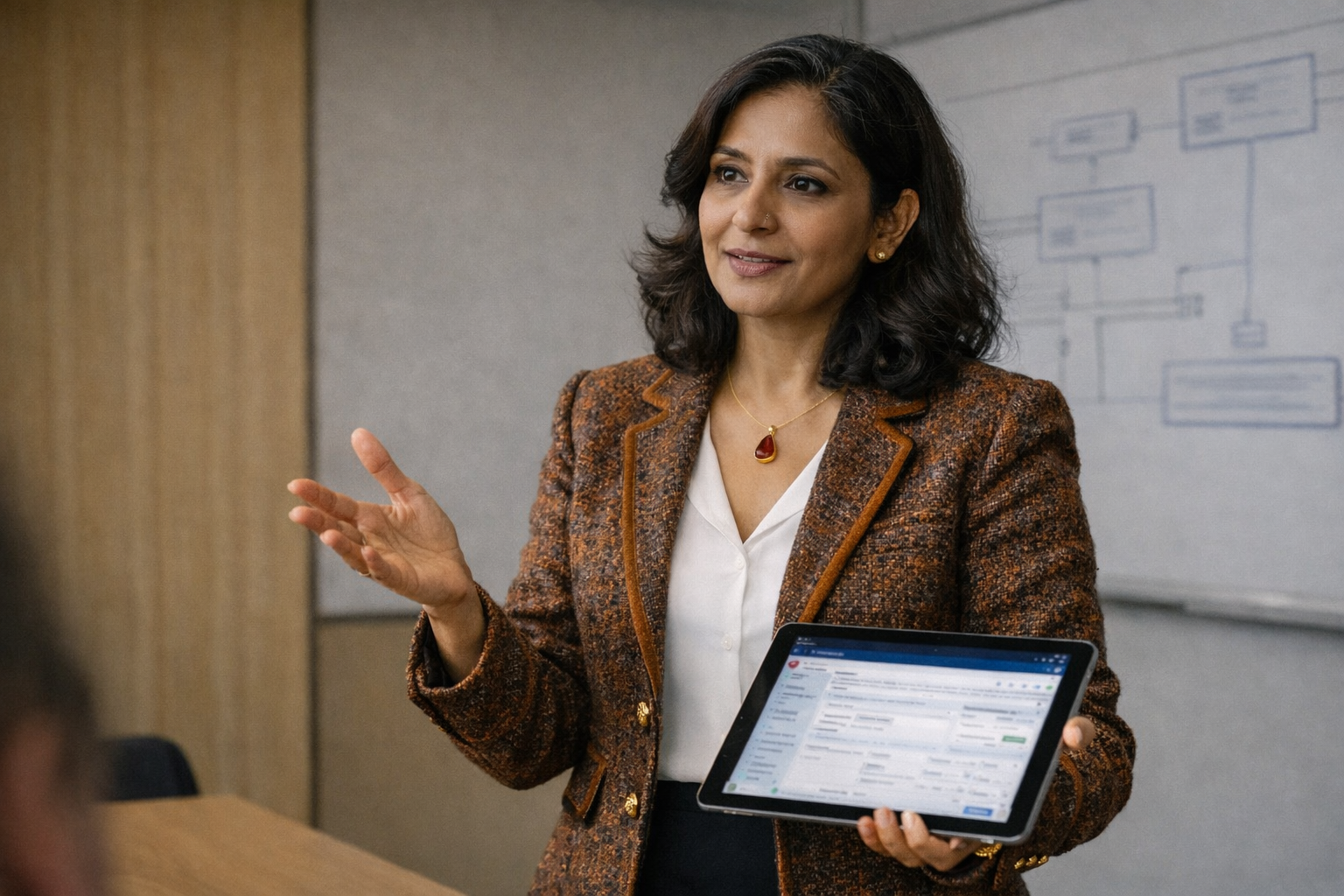 Consultant presenting compliance strategy with SAP system in background
